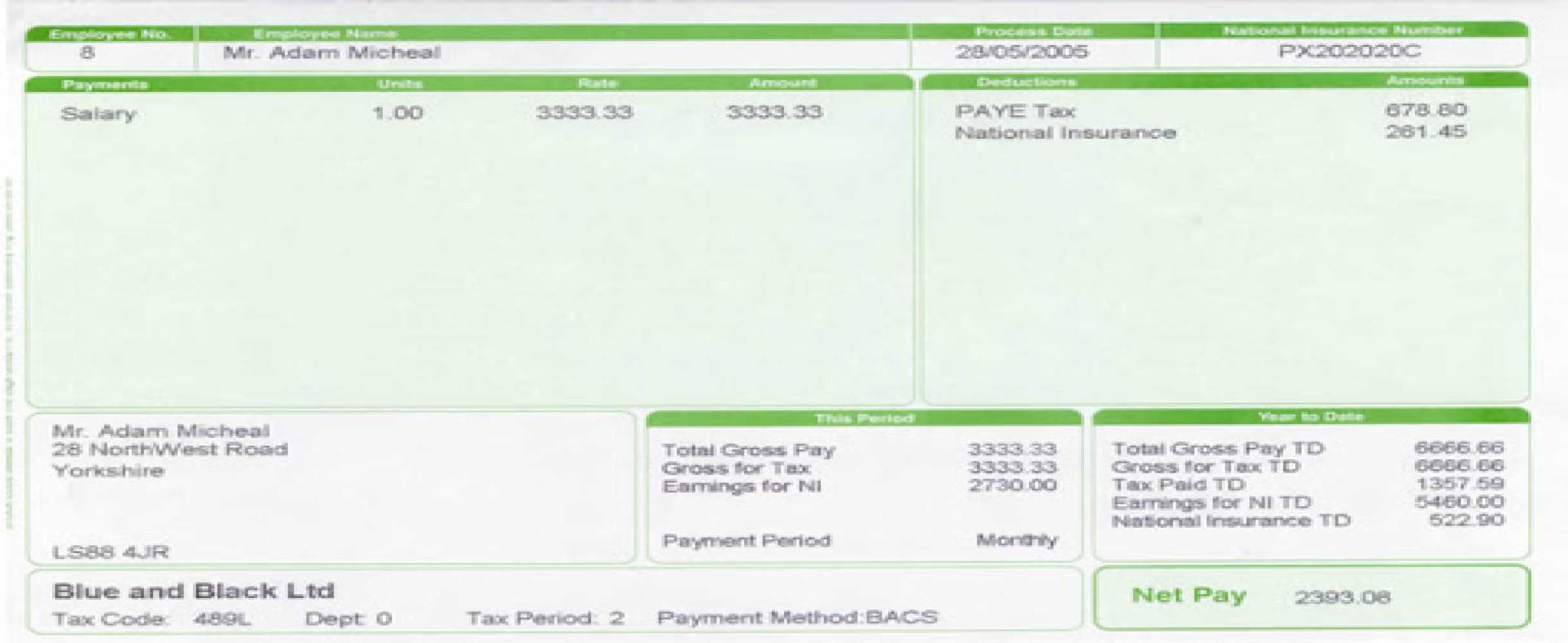 Green Payslip With Employers And Employee Address - Gr1
